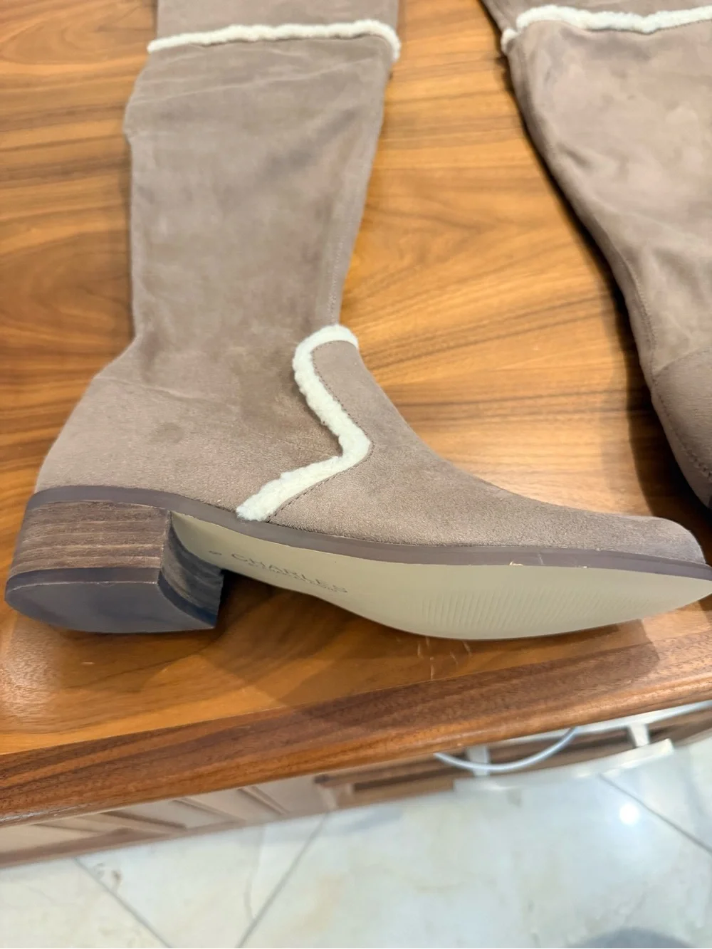 Charles David Taupe Over-the-Knee Faux-Suede Boots with Shearling Trim